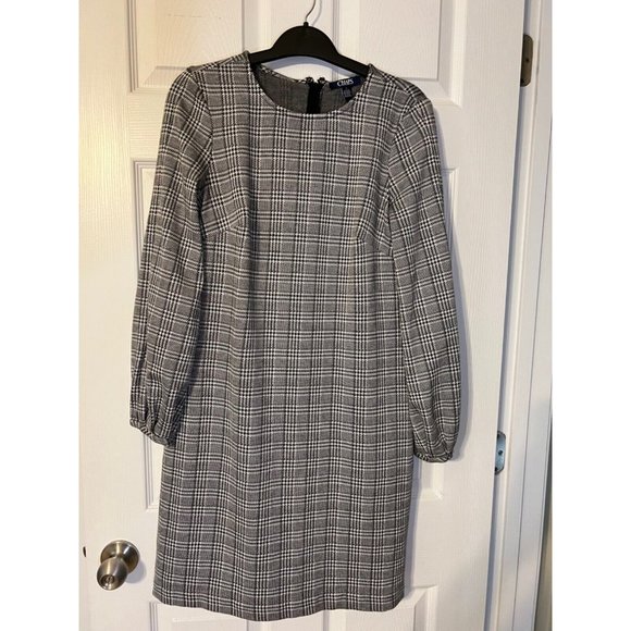 Chaps Ralph Lauren Dress Black White 8 Stretch Long Sleeve Shift Washable - Picture 7 of 9